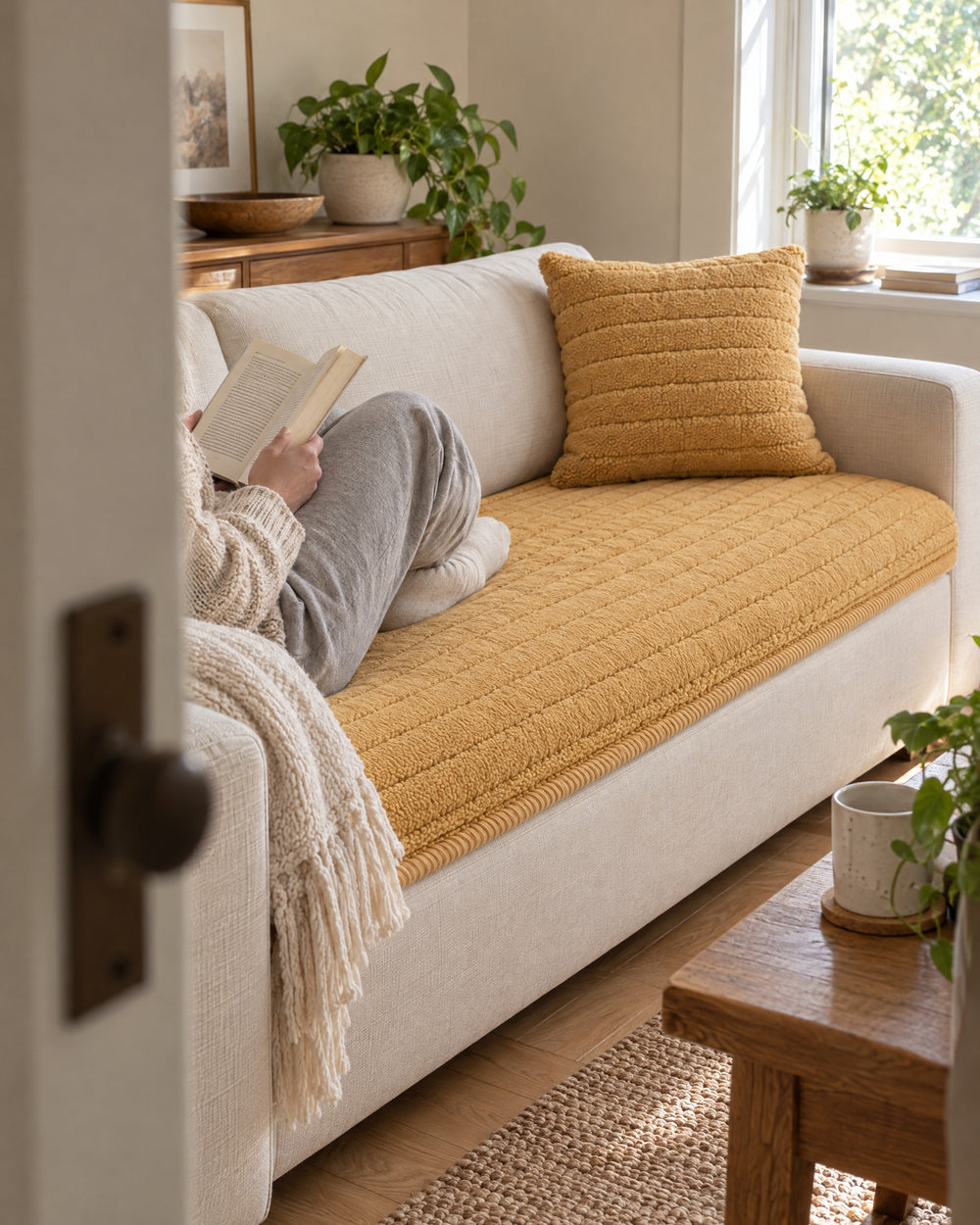 Chic Thick Plush Sofa Cover in a real home, in use