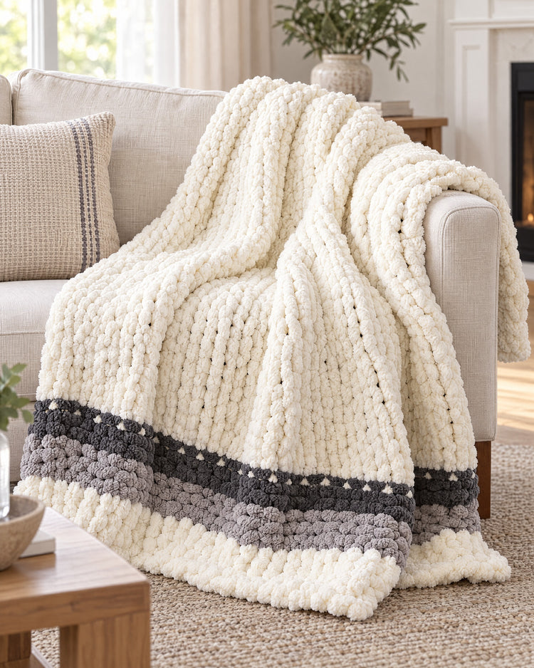 Chunky Knit Throw Blanket, Cream, Washable Feather Yarn draped over a sofa