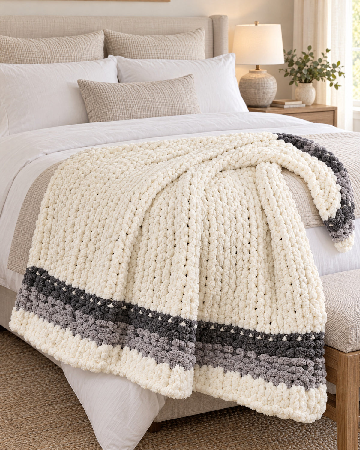 Chunky Knit Throw Blanket, Cream, Washable Feather Yarn laid across the end of a bed