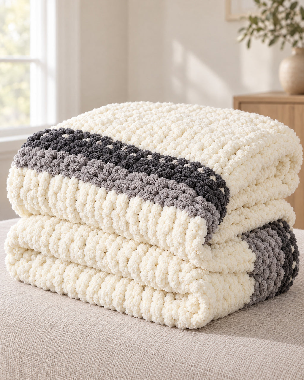 Chunky Knit Throw Blanket, Cream, Washable Feather Yarn folded into a stack, showing its thickness