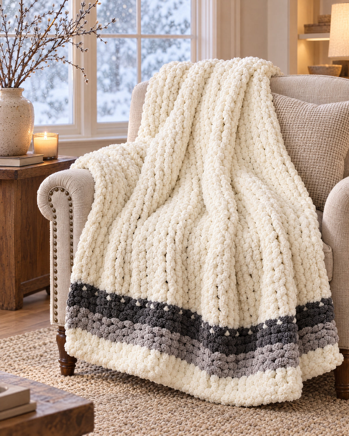 Chunky Knit Throw Blanket, Cream, Washable Feather Yarn draped over an armchair by a winter window