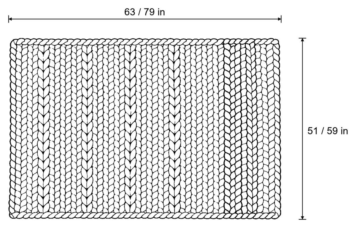 Dimensions sketch of the Chunky Knit Throw Blanket, Cream, Washable Feather Yarn with measurements