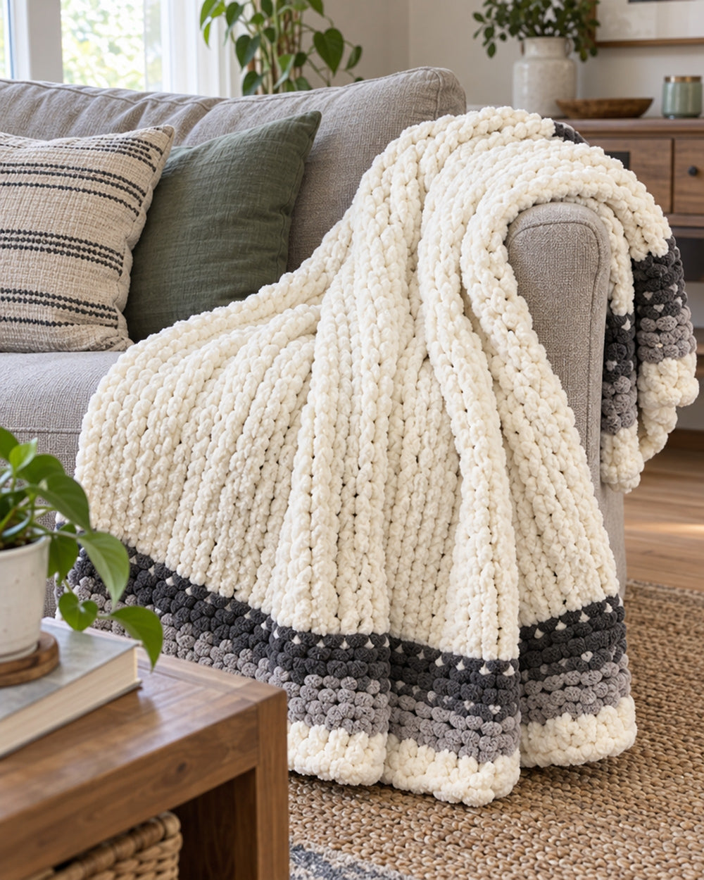 Chunky Knit Throw Blanket, Cream, Washable Feather Yarn in a real home