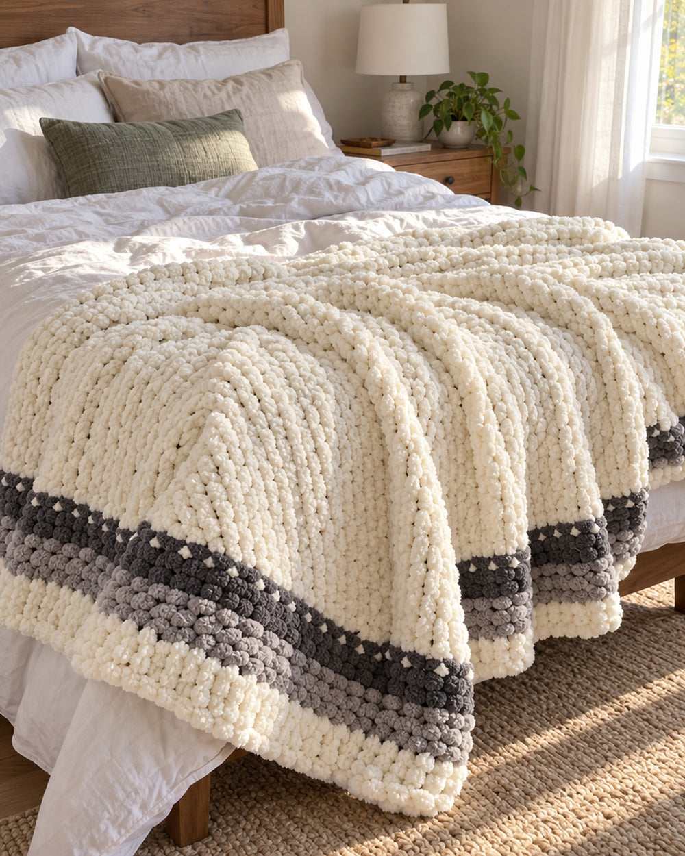 Chunky Knit Throw Blanket, Cream, Washable Feather Yarn in a real home