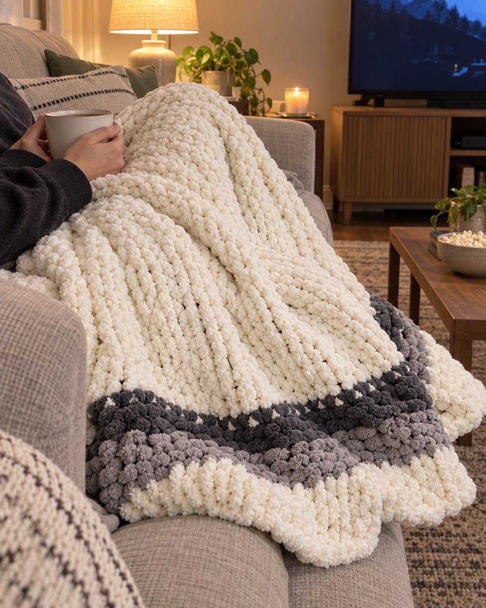 Chunky Knit Throw Blanket, Cream, Washable Feather Yarn in a real home
