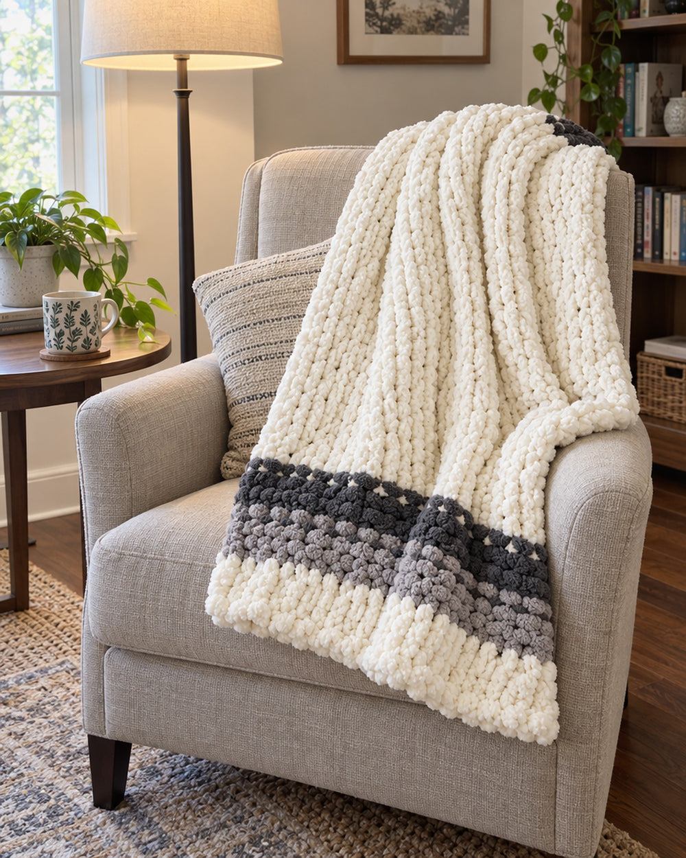 Chunky Knit Throw Blanket, Cream, Washable Feather Yarn in a real home