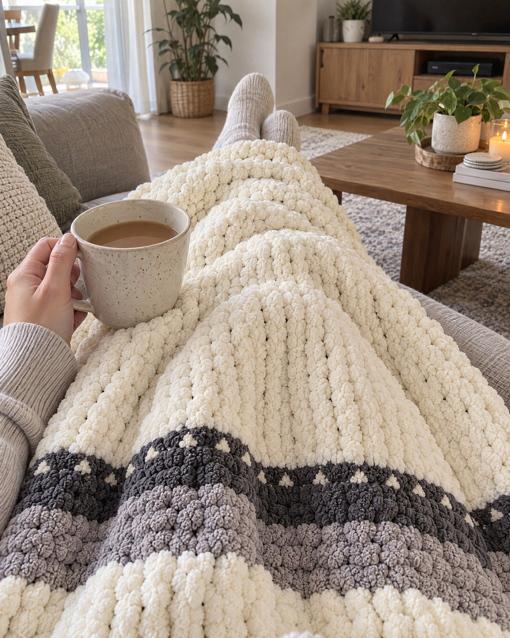 Chunky Knit Throw Blanket, Cream, Washable Feather Yarn in a real home