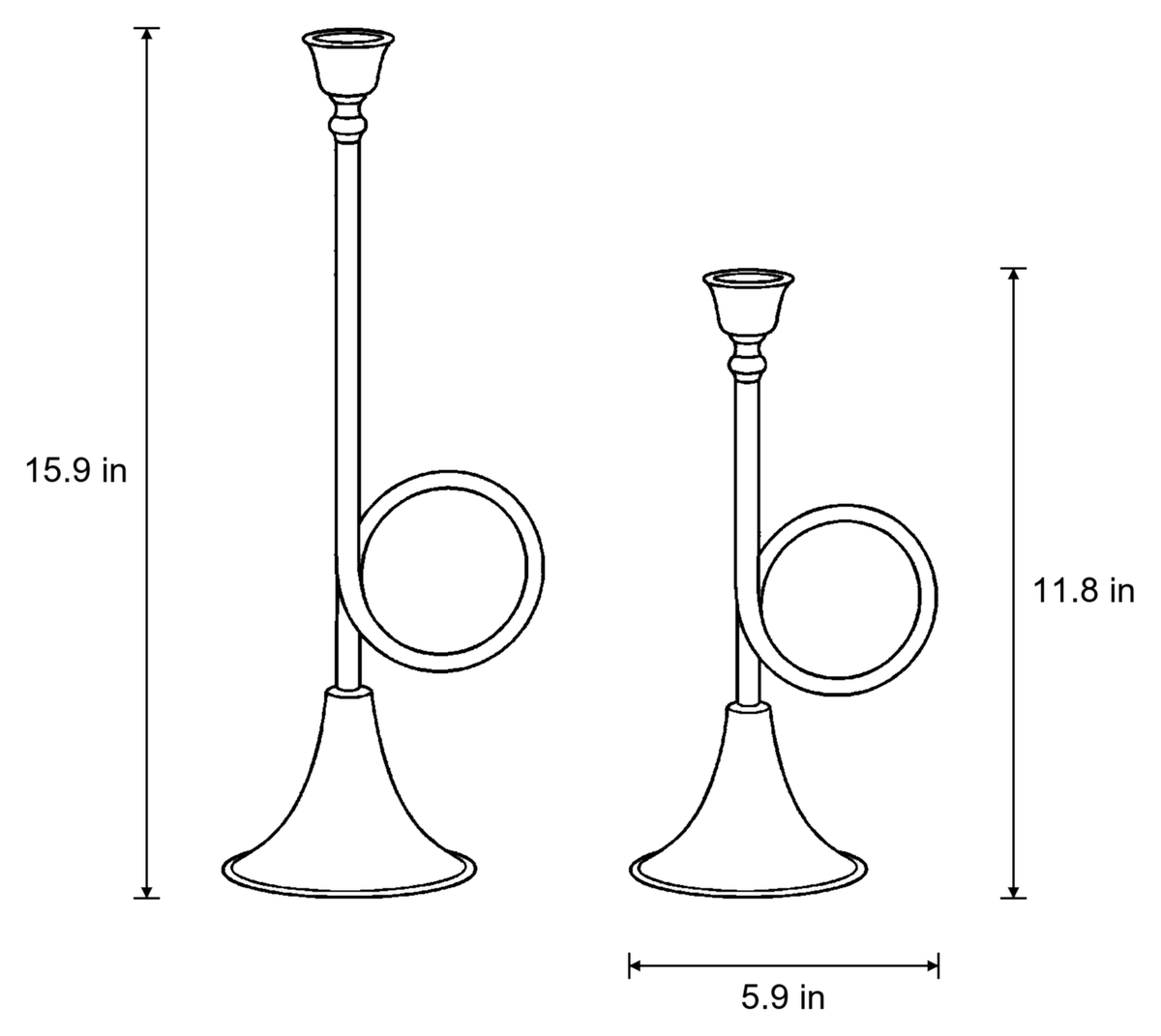 Dimensions sketch of the Corno Horn Ring Iron Candlestick with measurements