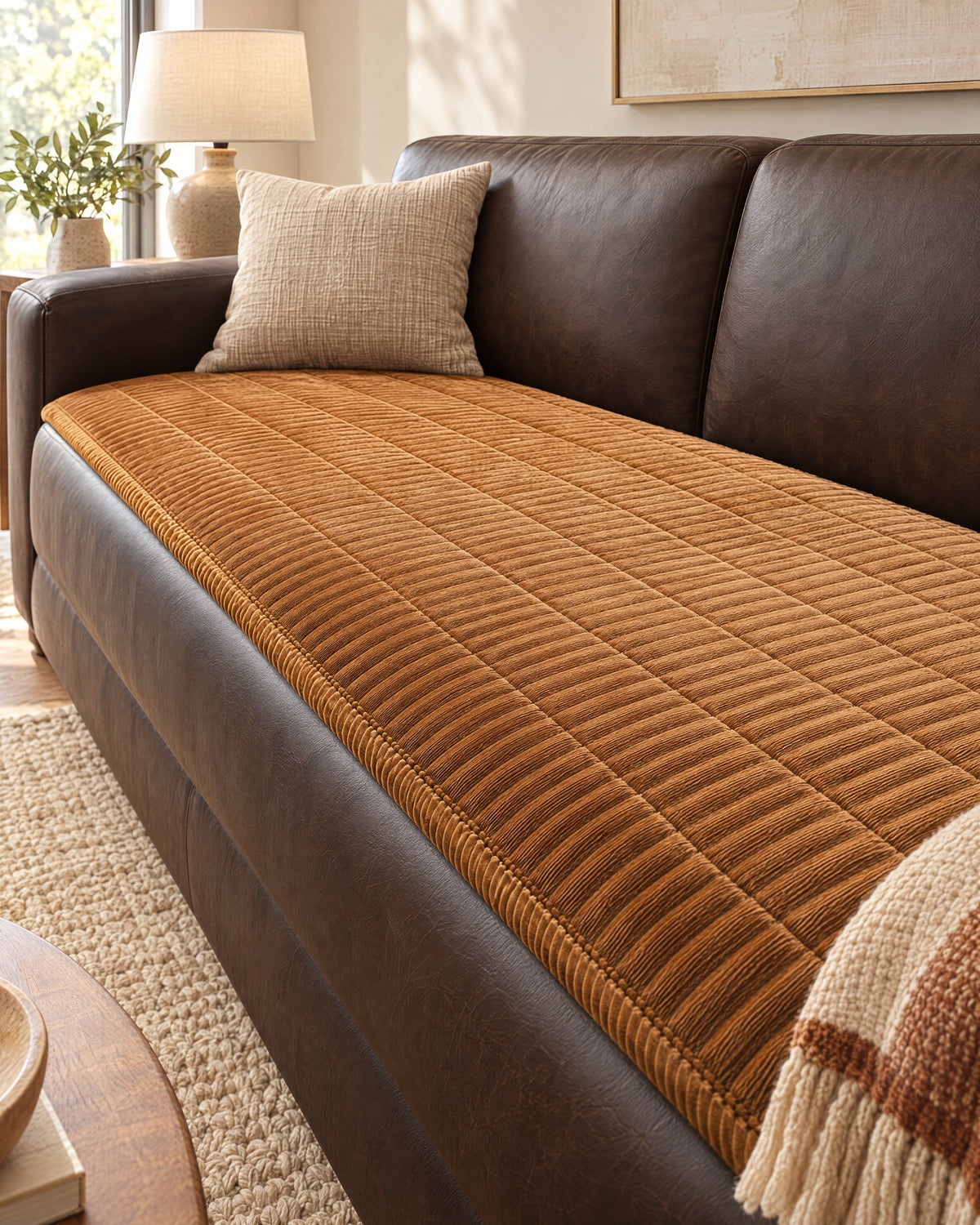 Golden Amber: Cozy Quilted Couch Cover Protector, styled on a sofa