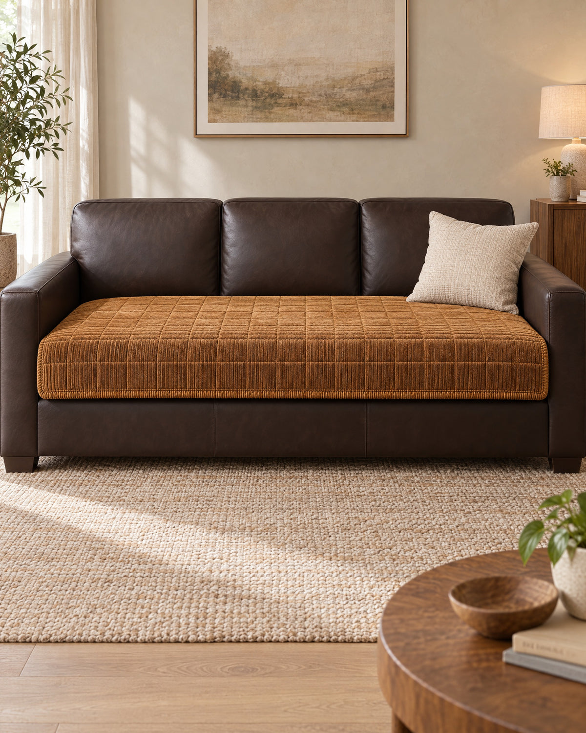 Golden Amber: Cozy Quilted Couch Cover Protector shown on a full sofa