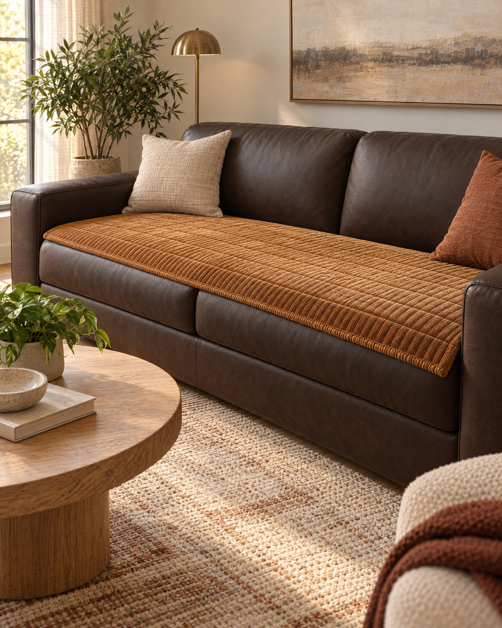 Golden Amber: Cozy Quilted Couch Cover Protector in a warm living room