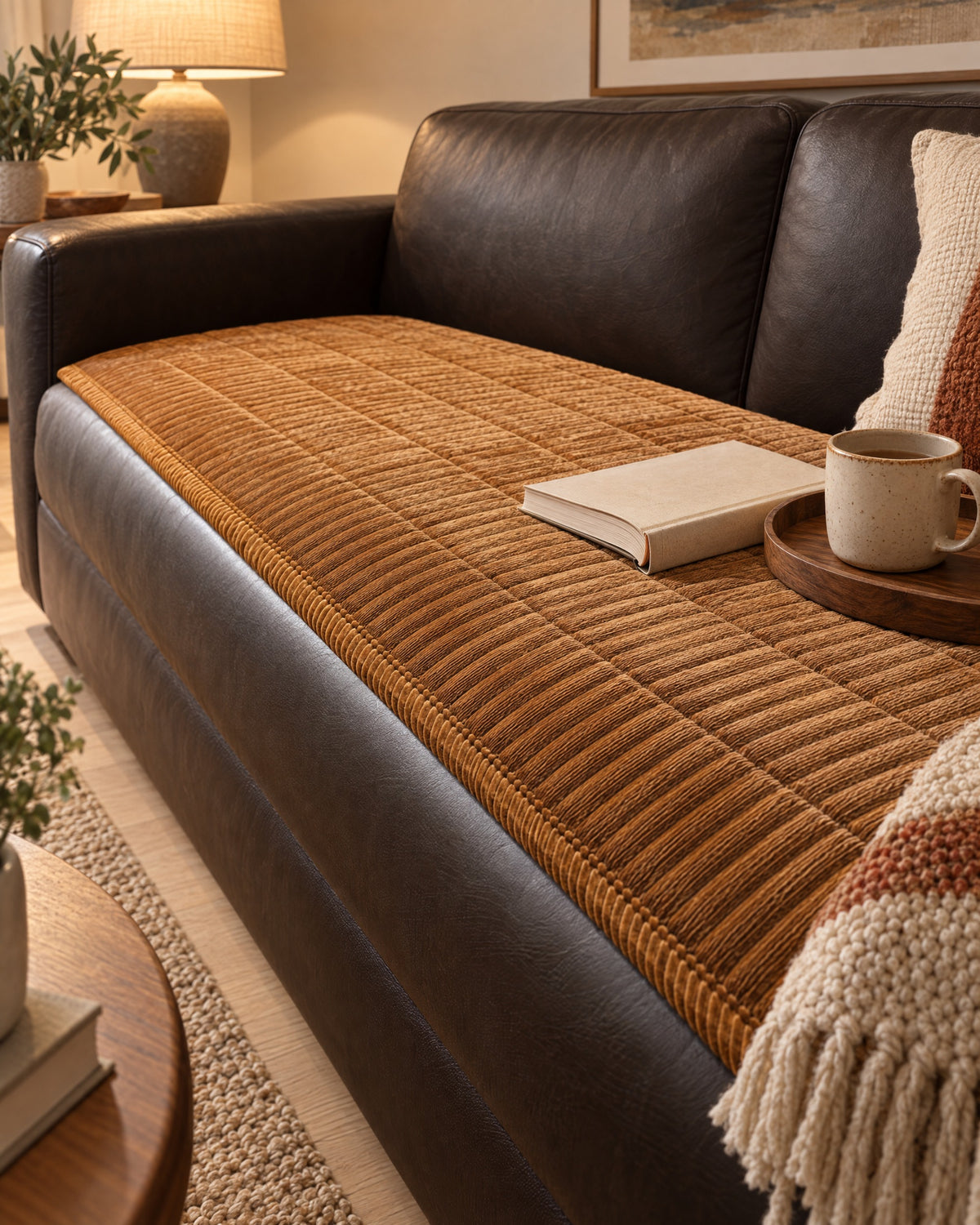 Golden Amber: Cozy Quilted Couch Cover Protector on a cozy lived-in sofa