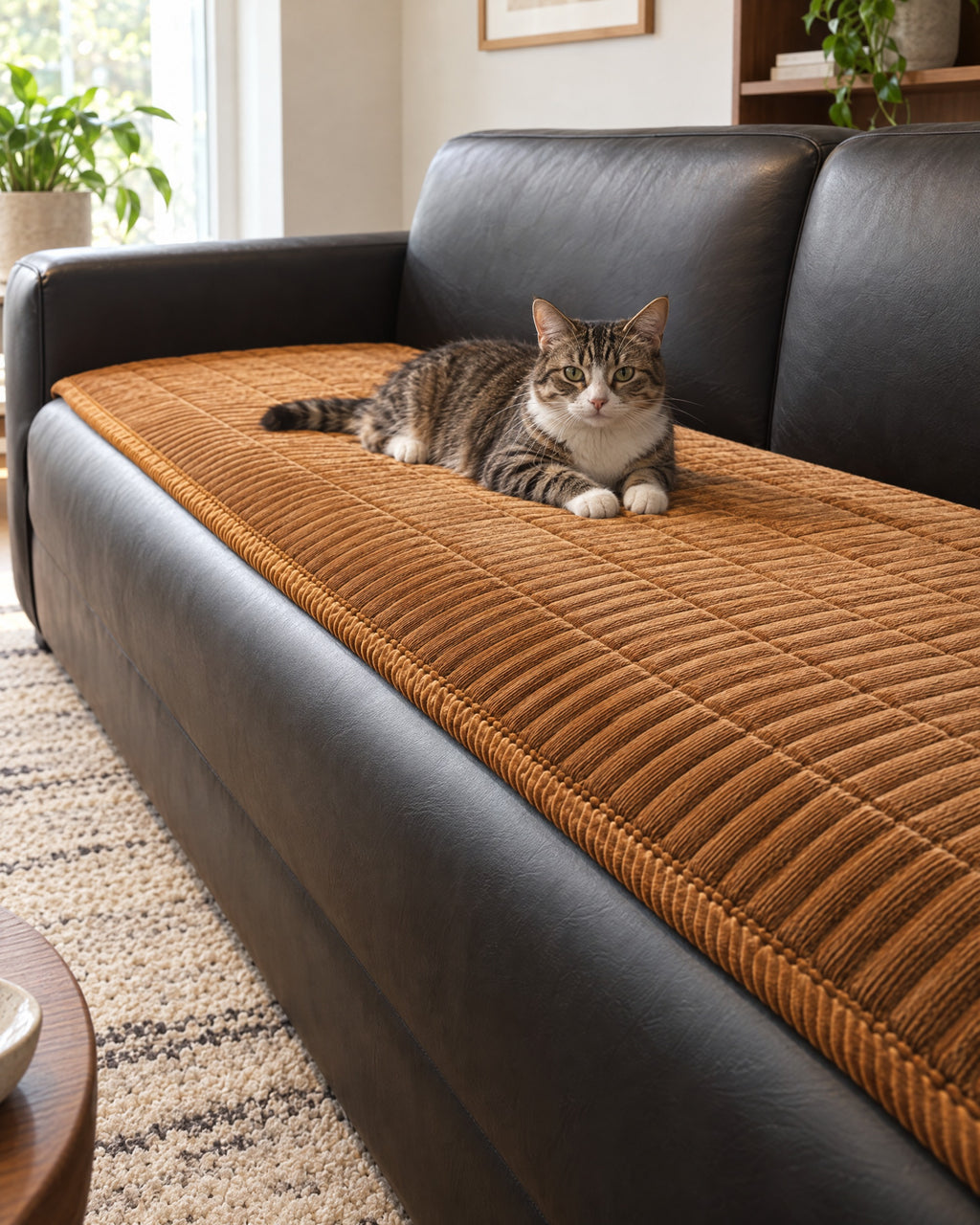 Golden Amber: A cat resting on the Cozy Quilted Couch Cover Protector