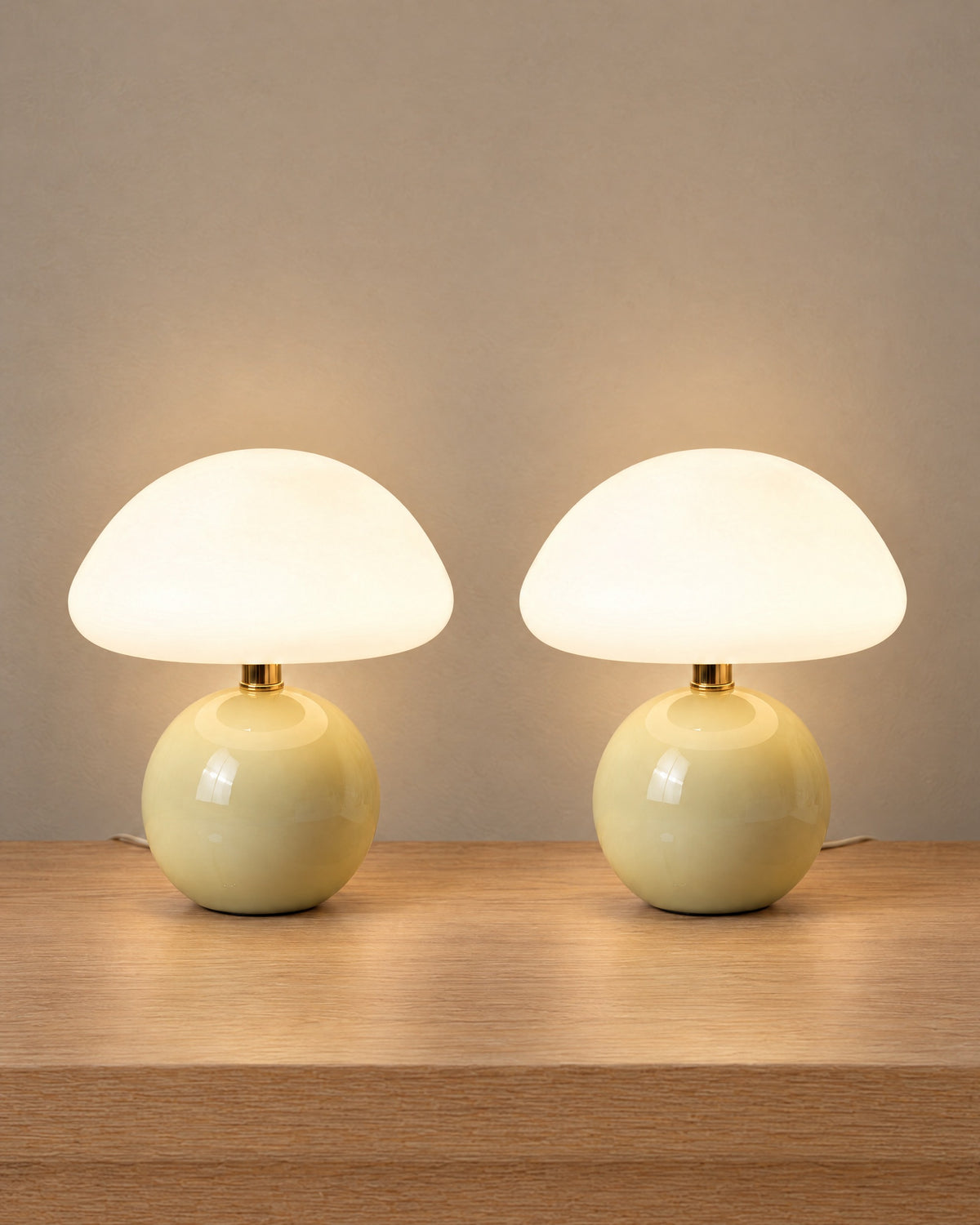 Dolce Mushroom Nightstand Lamp, Set of 2, both lamps switched on