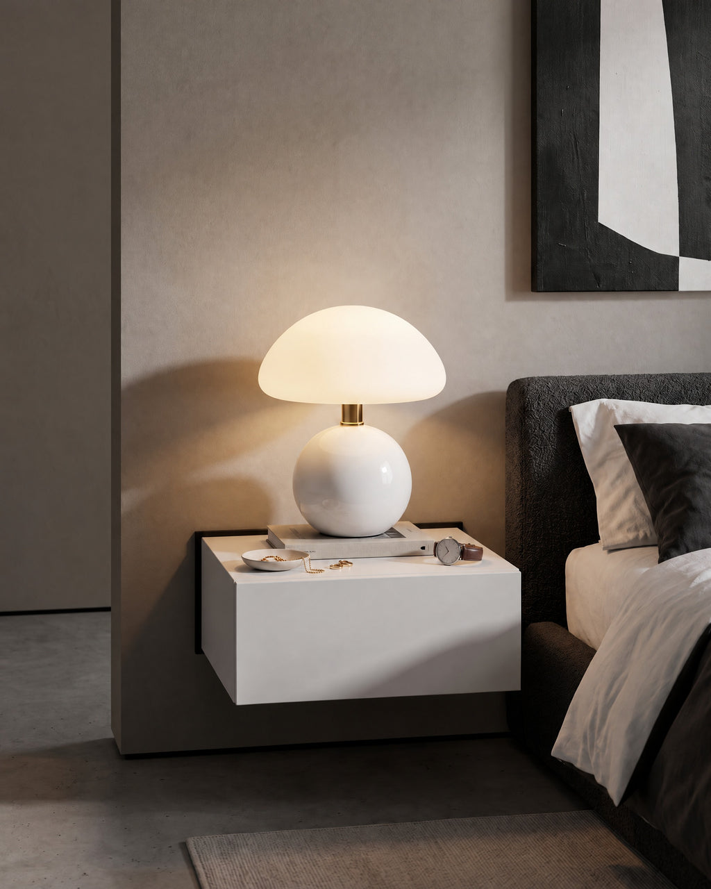 White Dolce mushroom nightstand lamp on a floating white nightstand