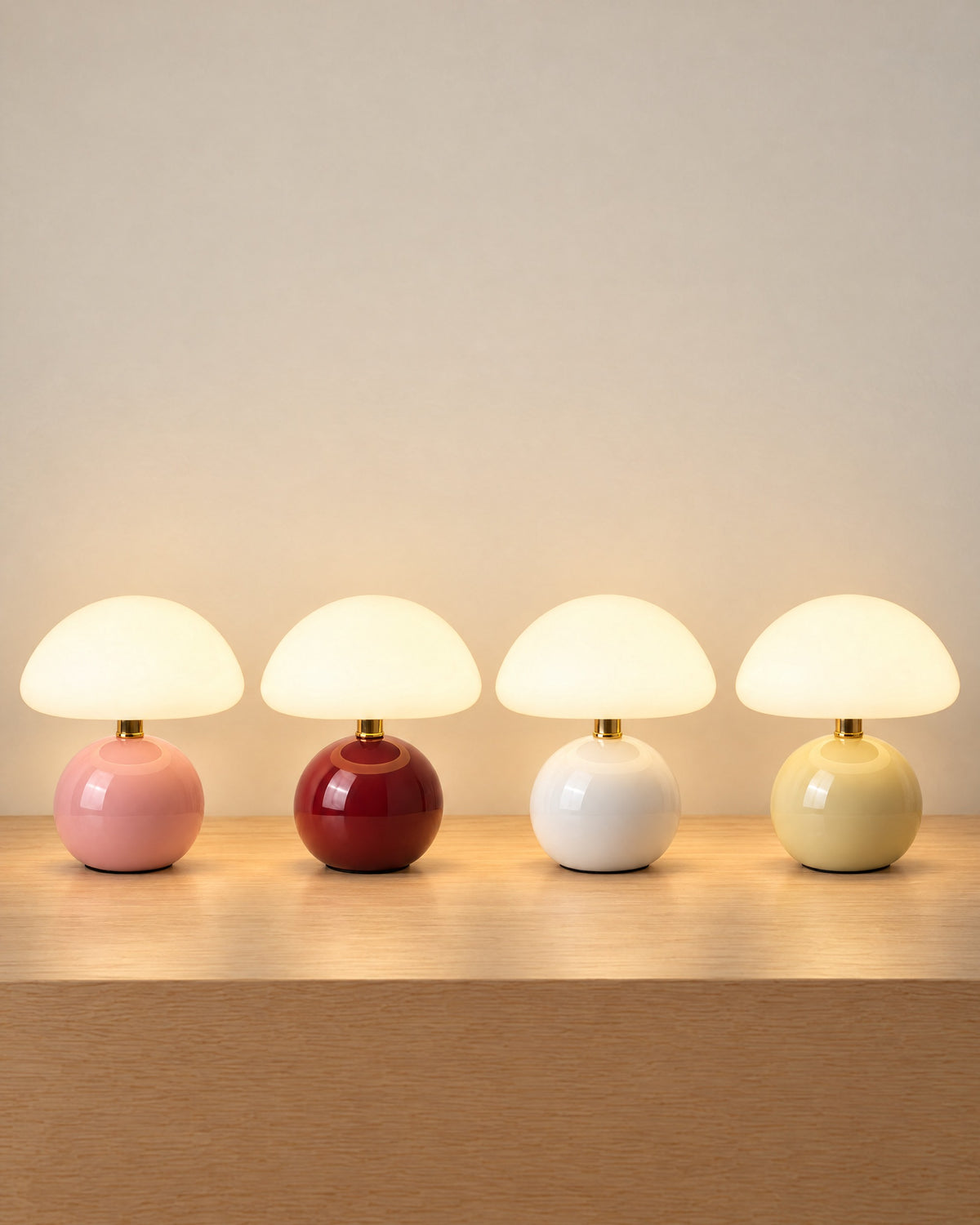 All colourways of the Dolce Mushroom Nightstand Lamp side by side: Pink, Wine Red, White, Cream