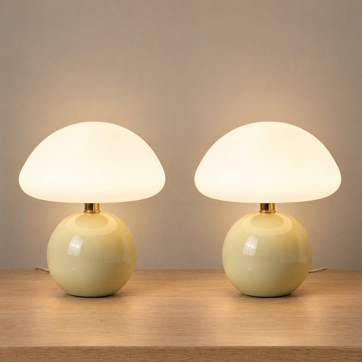Dolce Mushroom Nightstand Lamp, Set of 2, both lamps switched on