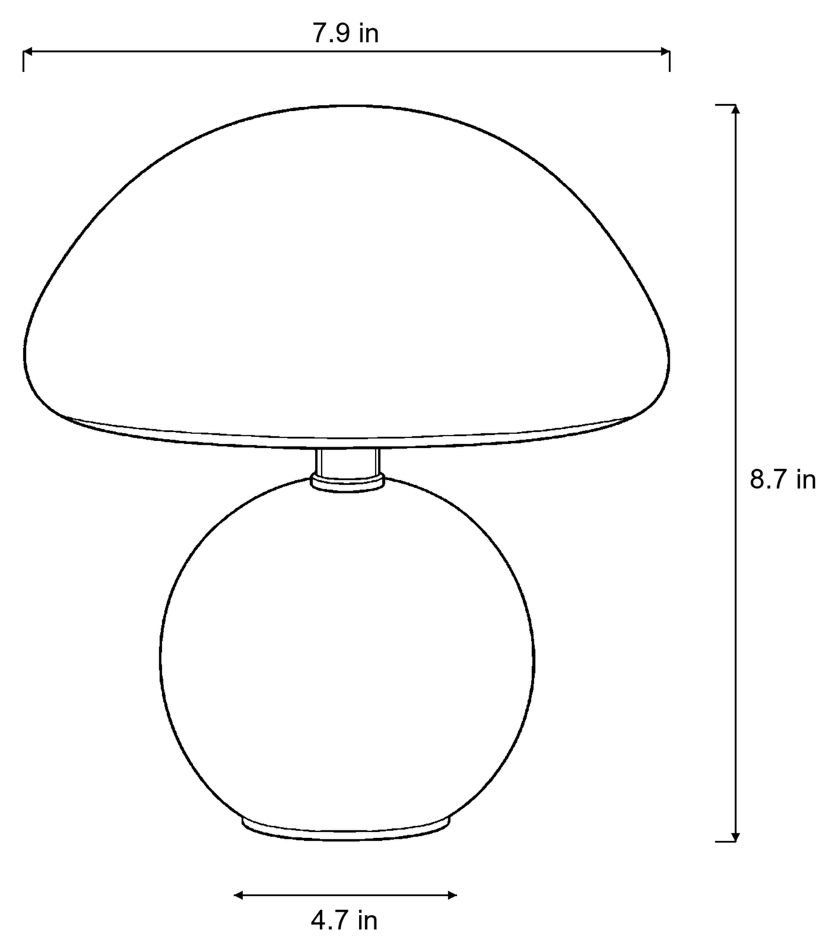 Dimensions sketch of the Dolce Mushroom Nightstand Lamp with measurements