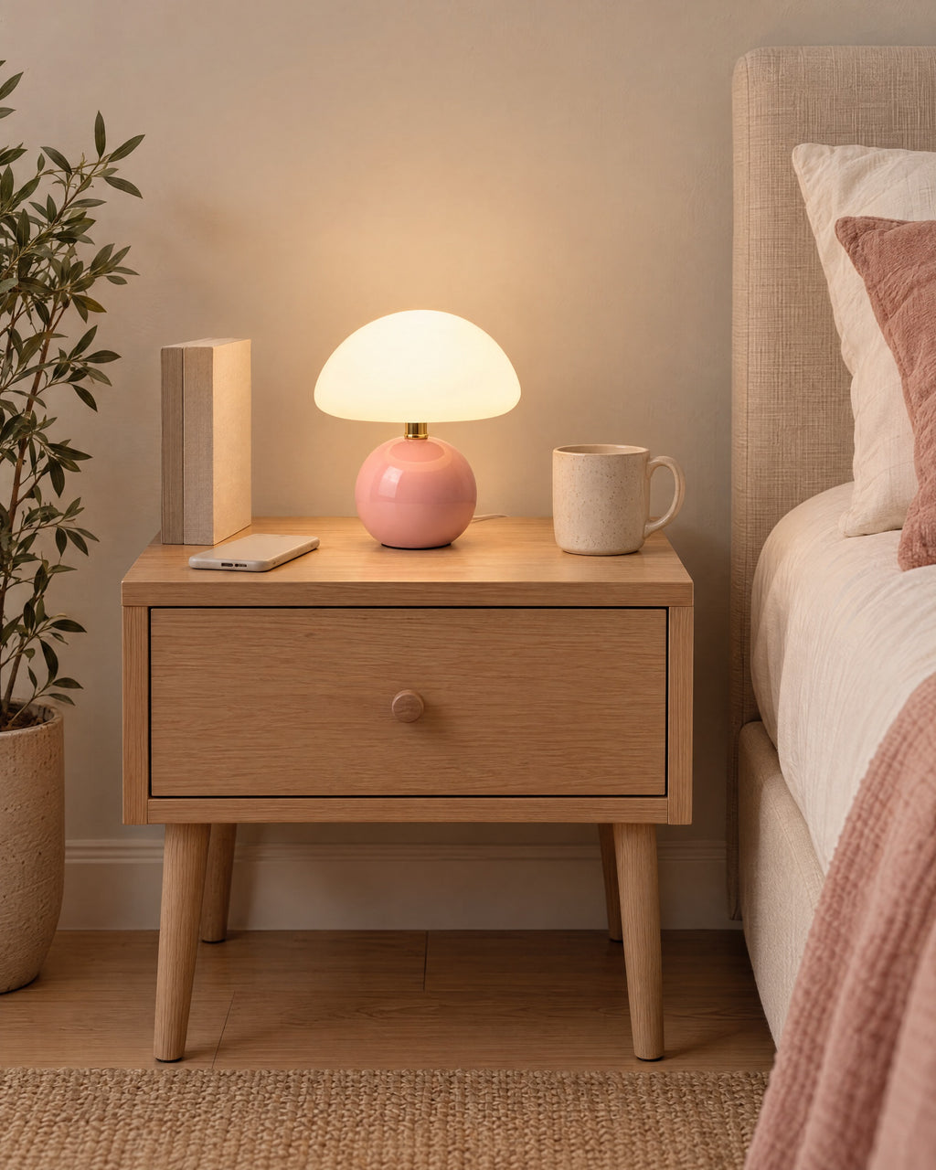 Pink: Dolce Mushroom Nightstand Lamp in pink on a standard nightstand with a book, phone and mug for scale