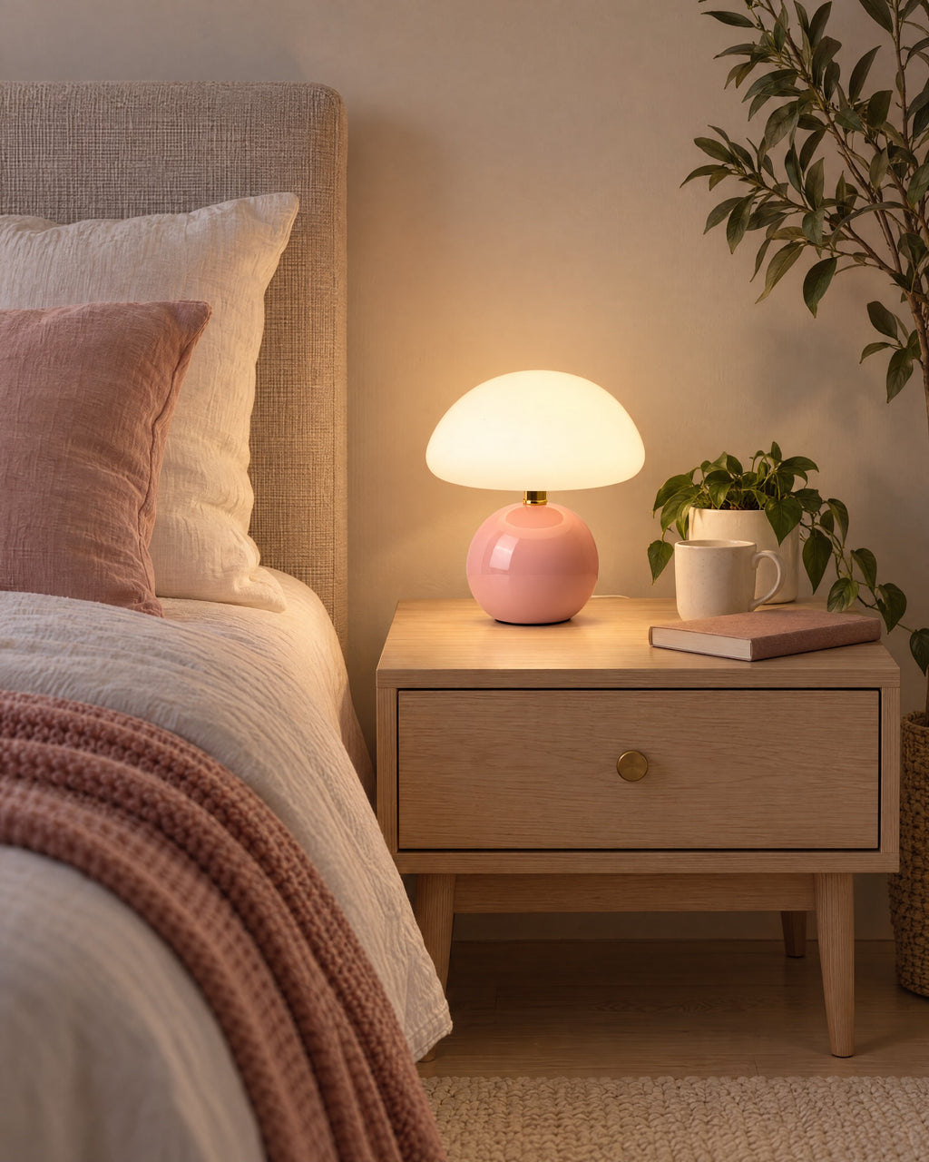 Pink: Dolce Mushroom Nightstand Lamp in pink in a styled bedroom at dusk