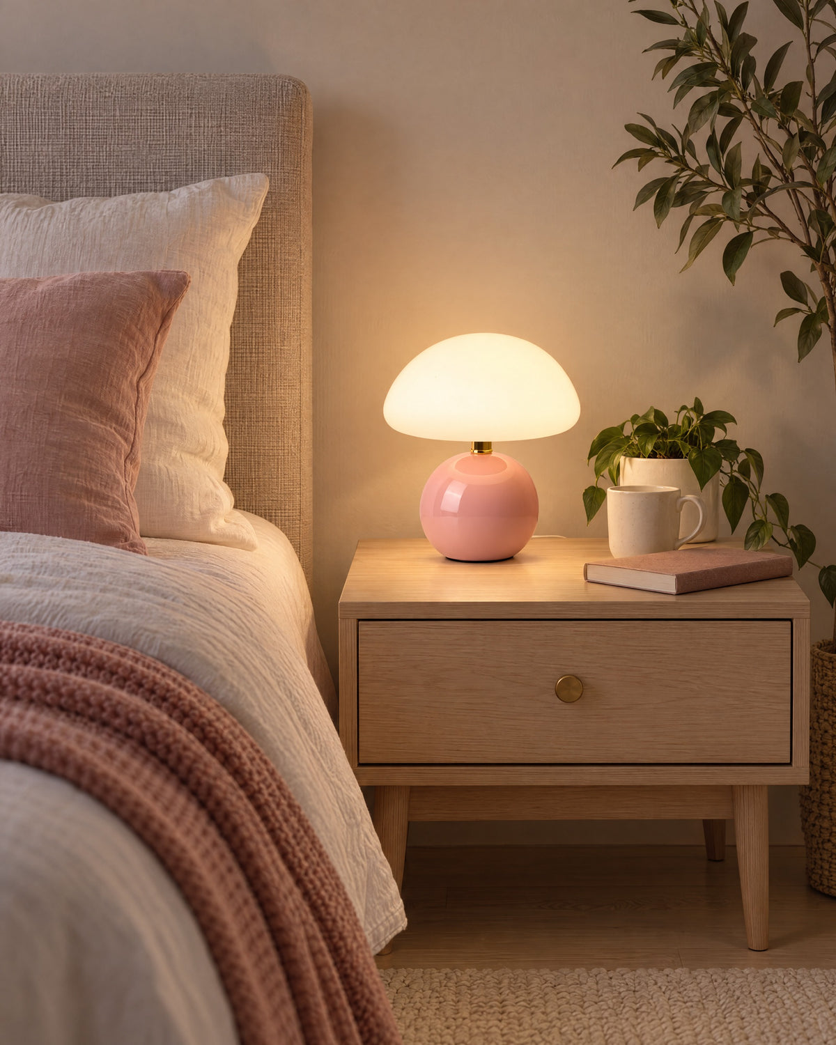 Pink: Dolce Mushroom Nightstand Lamp in pink in a styled bedroom at dusk