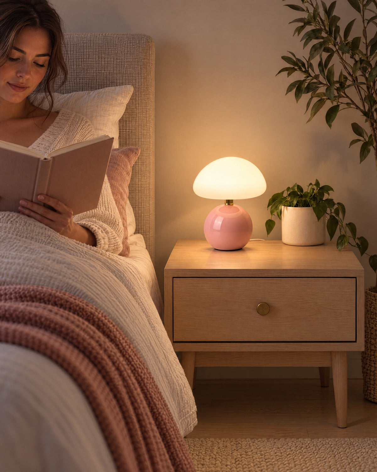 Pink: Dolce Mushroom Nightstand Lamp in pink as a reading light beside a woman reading in bed