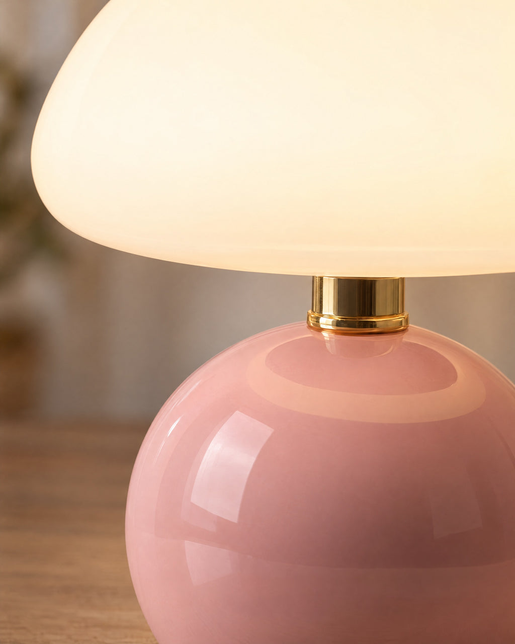 Pink: Close-up of the pink finish and hardware of the Dolce Mushroom Nightstand Lamp