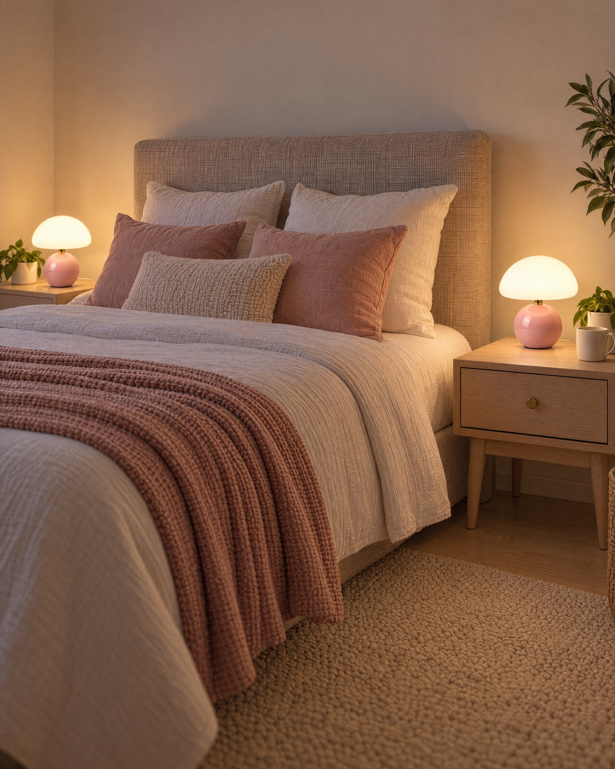Pink: Two Dolce Mushroom Nightstand Lamp lamps in pink flanking a bed at night