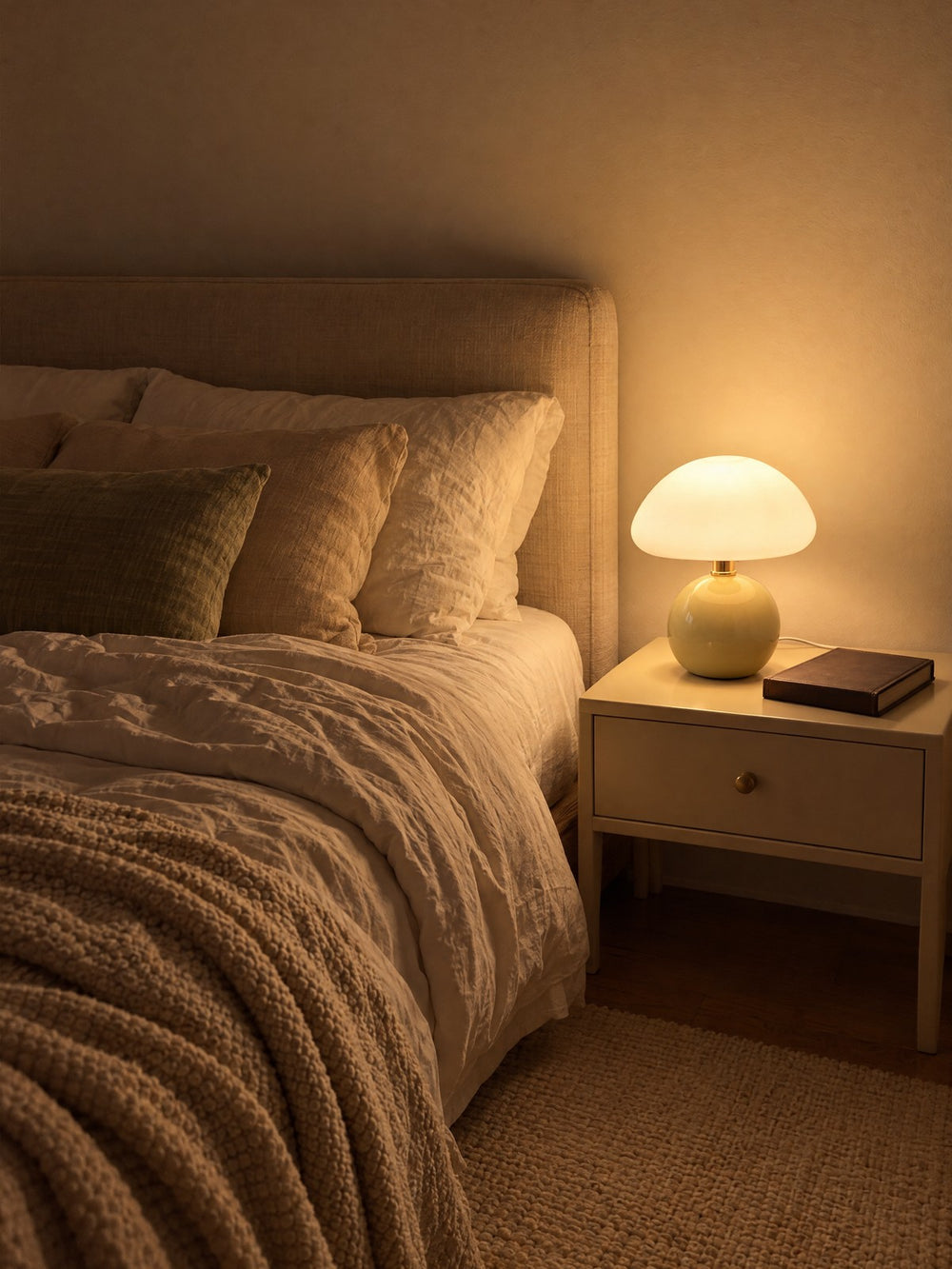 Dolce Mushroom Nightstand Lamp lit on a nightstand at night