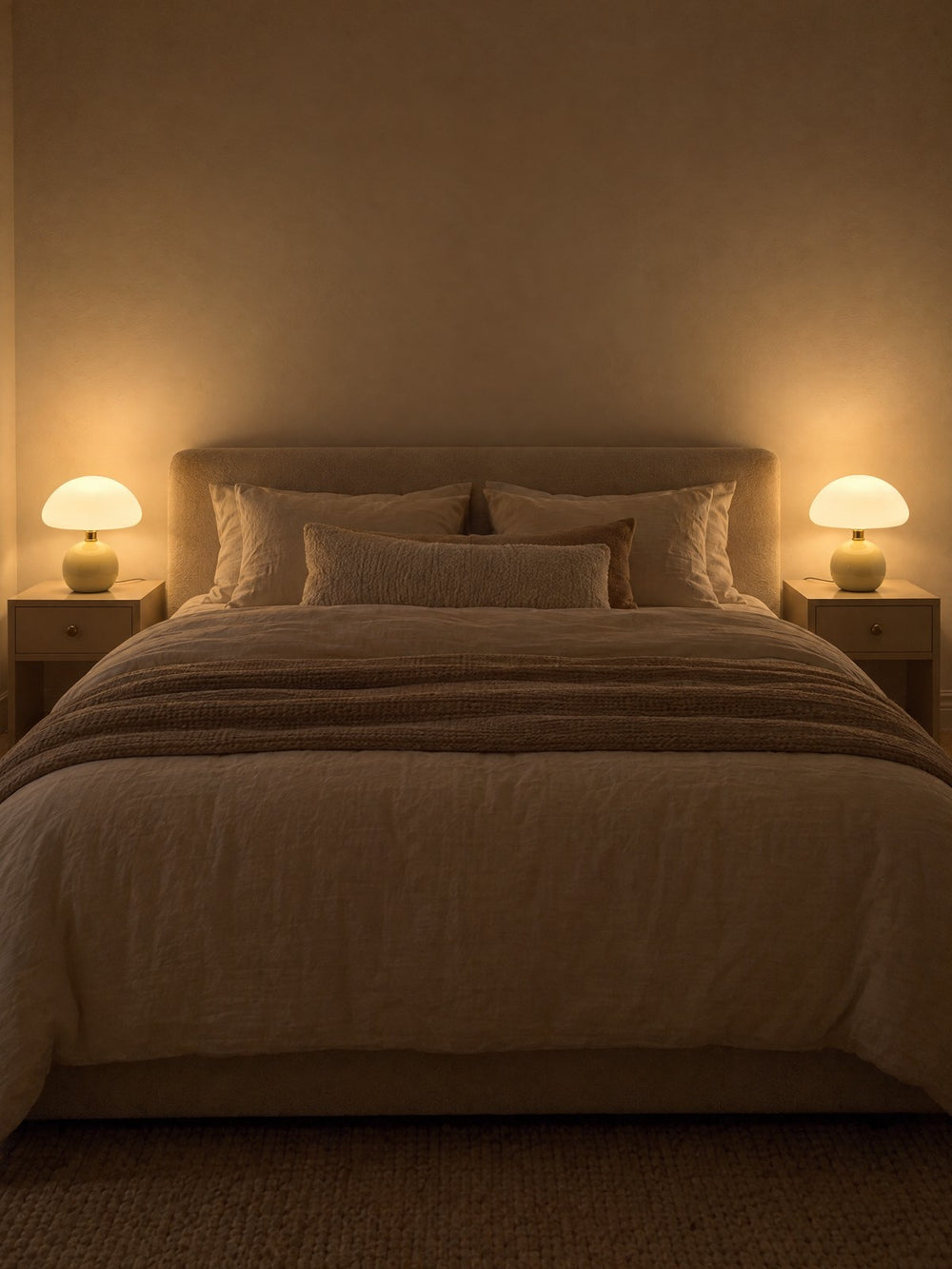 Two Dolce Mushroom Nightstand Lamp lamps on either side of a bed at night