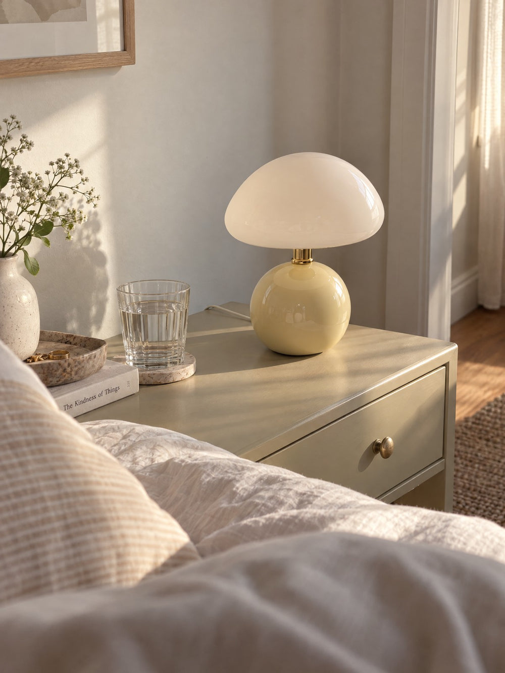 Dolce Mushroom Nightstand Lamp seen from bed in the morning