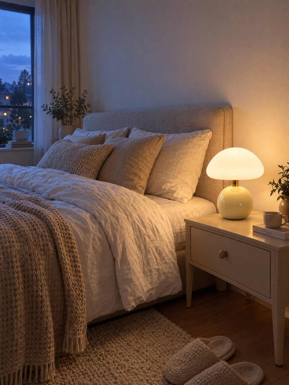 Dolce Mushroom Nightstand Lamp lit at dusk with blue evening light outside