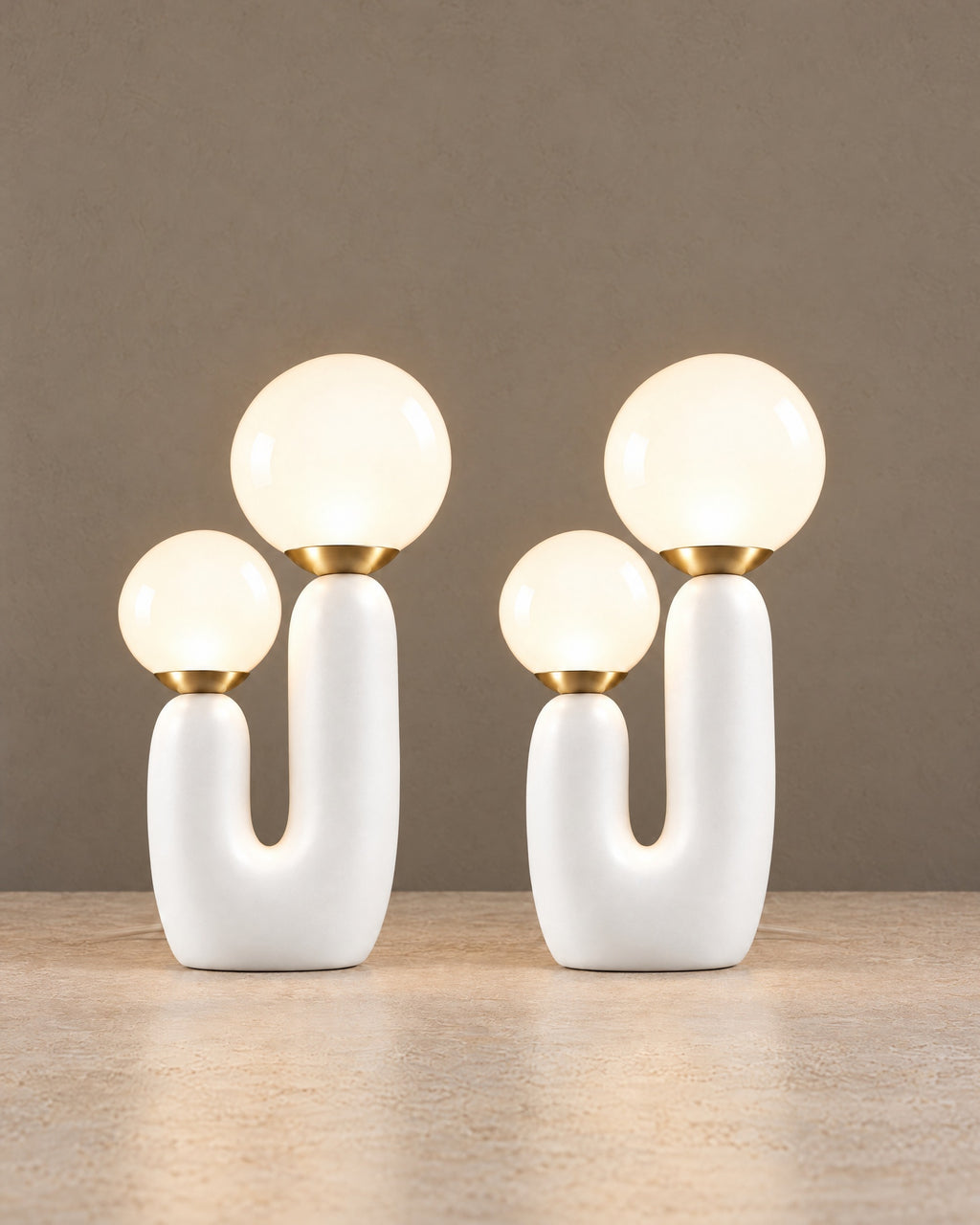 Duo Globe Sculptural Nightstand Lamp, Set of 2, both lamps switched on