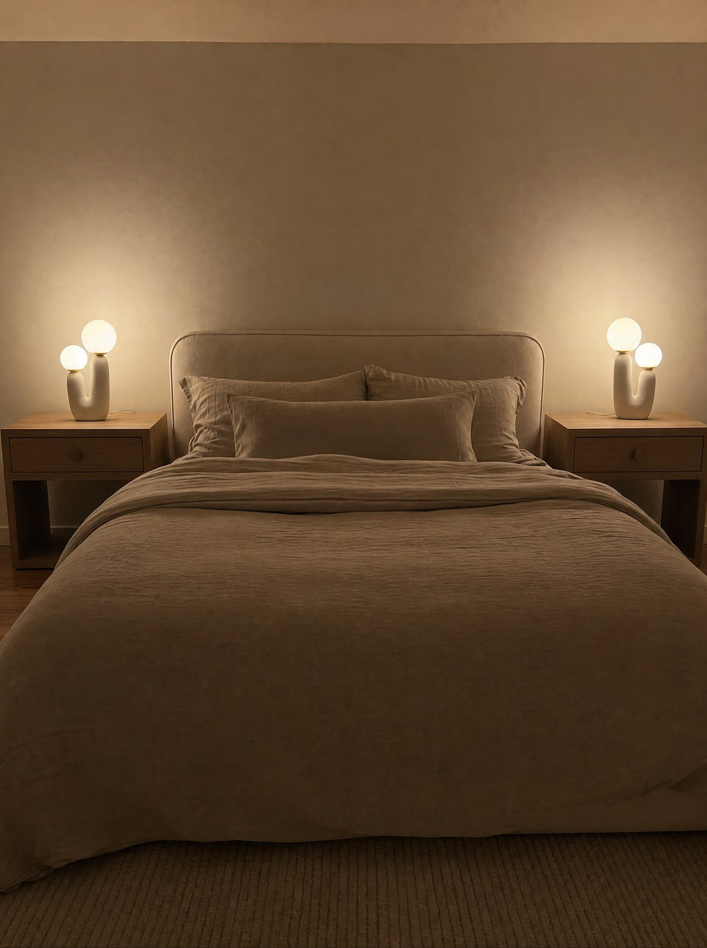 Duo Globe Sculptural Nightstand Lamp, as a pair on both nightstands at night