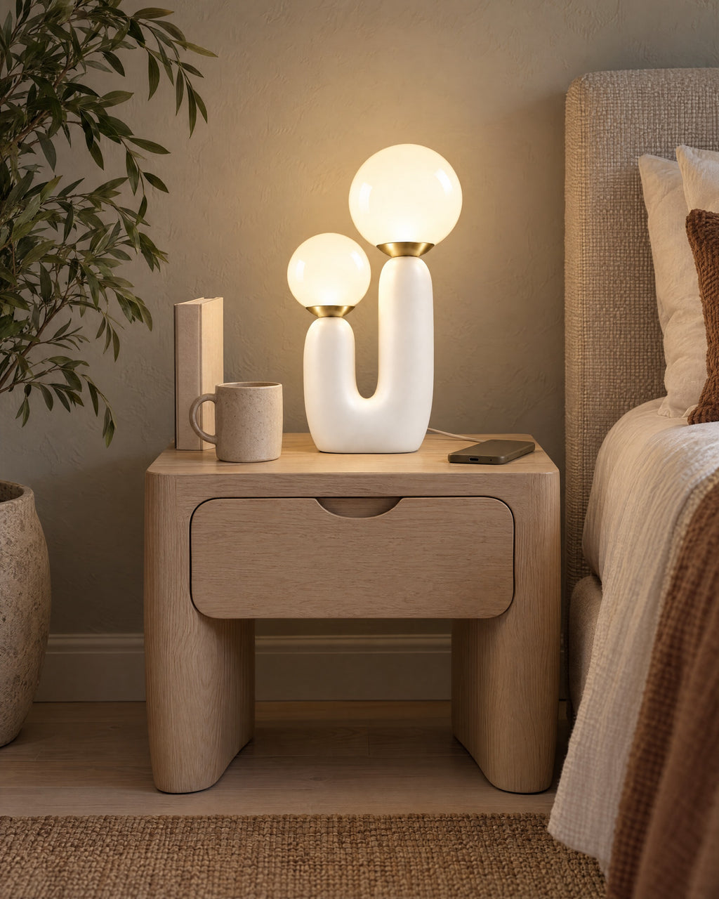 White: Duo Globe Sculptural Nightstand Lamp on a standard nightstand with a paperback, phone and mug for scale