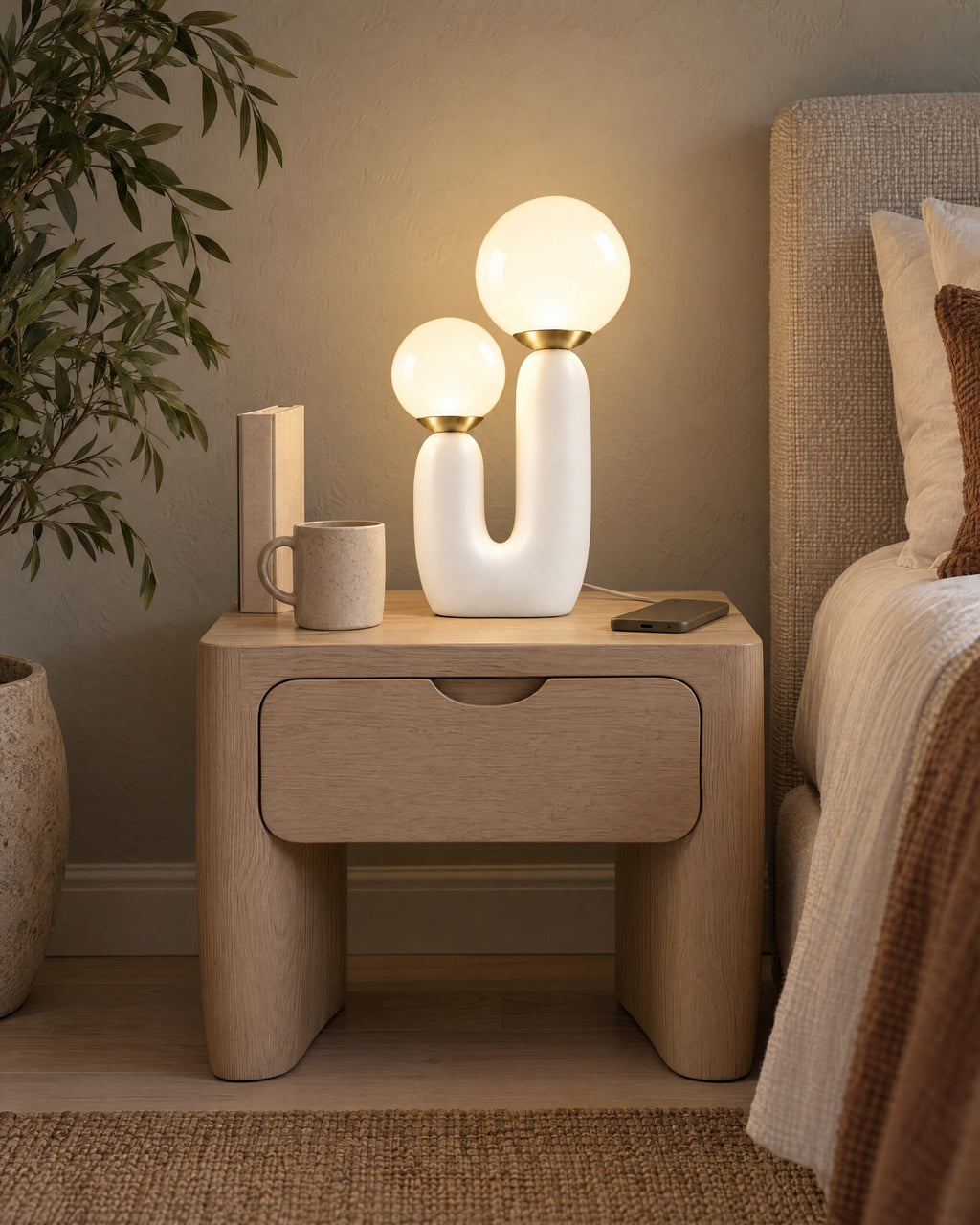 Duo Globe Sculptural Nightstand Lamp on a standard nightstand with a paperback, phone and mug for scale