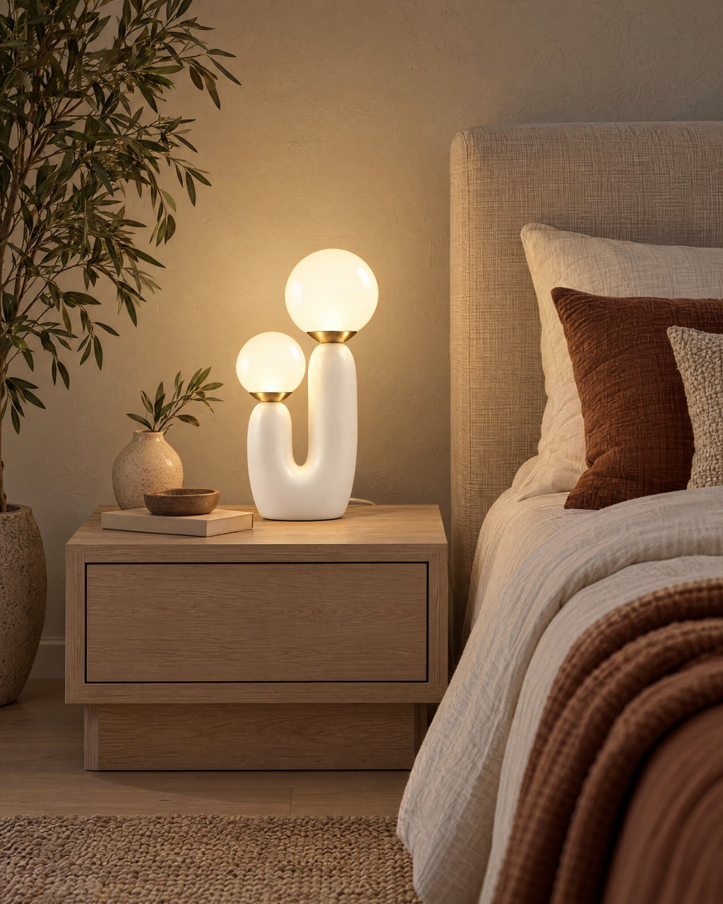 Duo Globe Sculptural Nightstand Lamp in a styled bedroom at dusk
