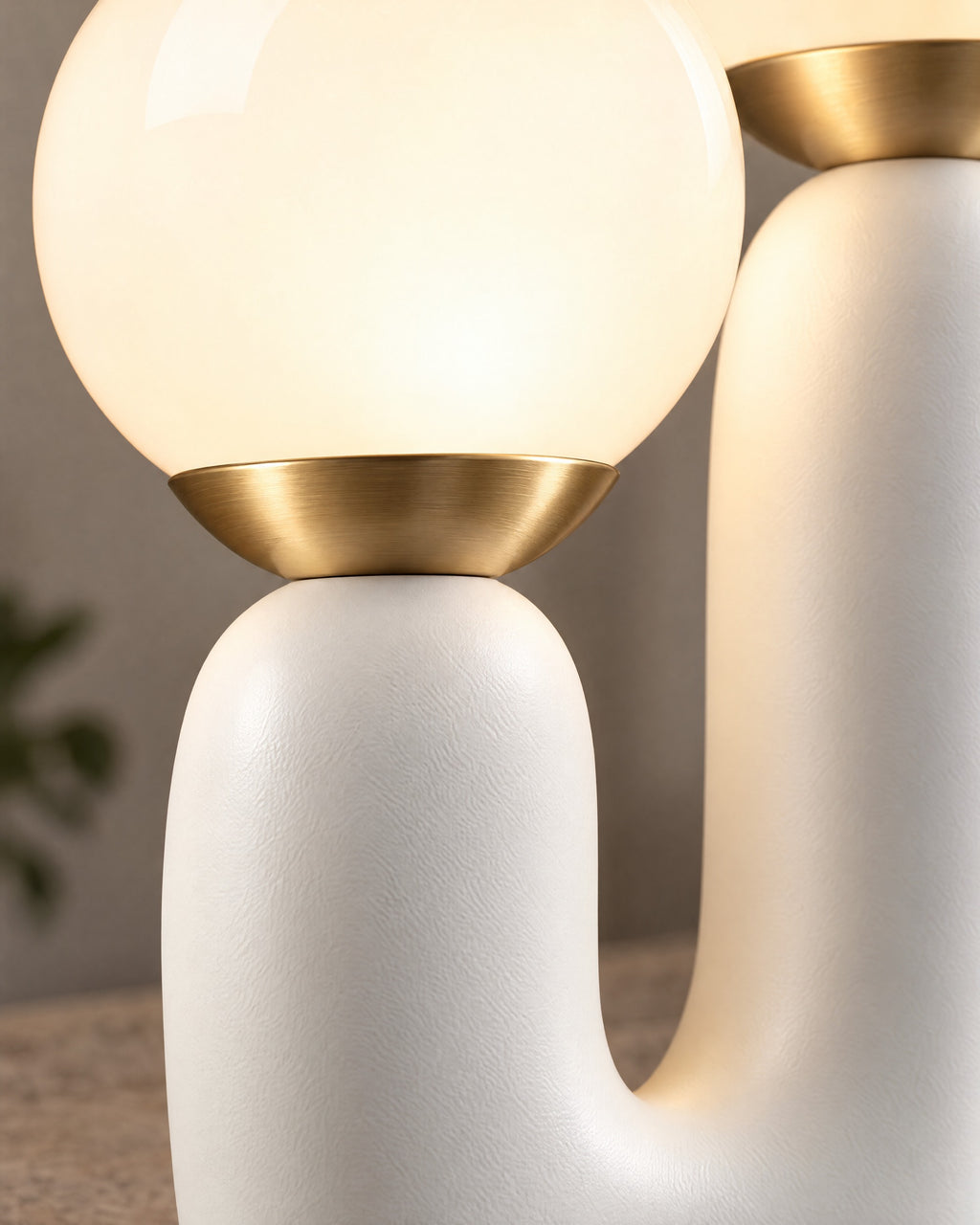 White: Close-up of the materials and finish of the Duo Globe Sculptural Nightstand Lamp