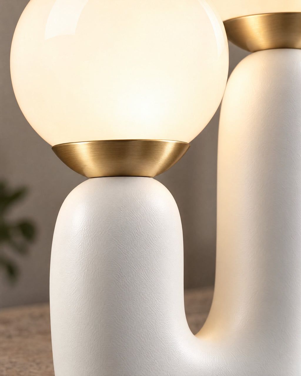 Close-up of the materials and finish of the Duo Globe Sculptural Nightstand Lamp