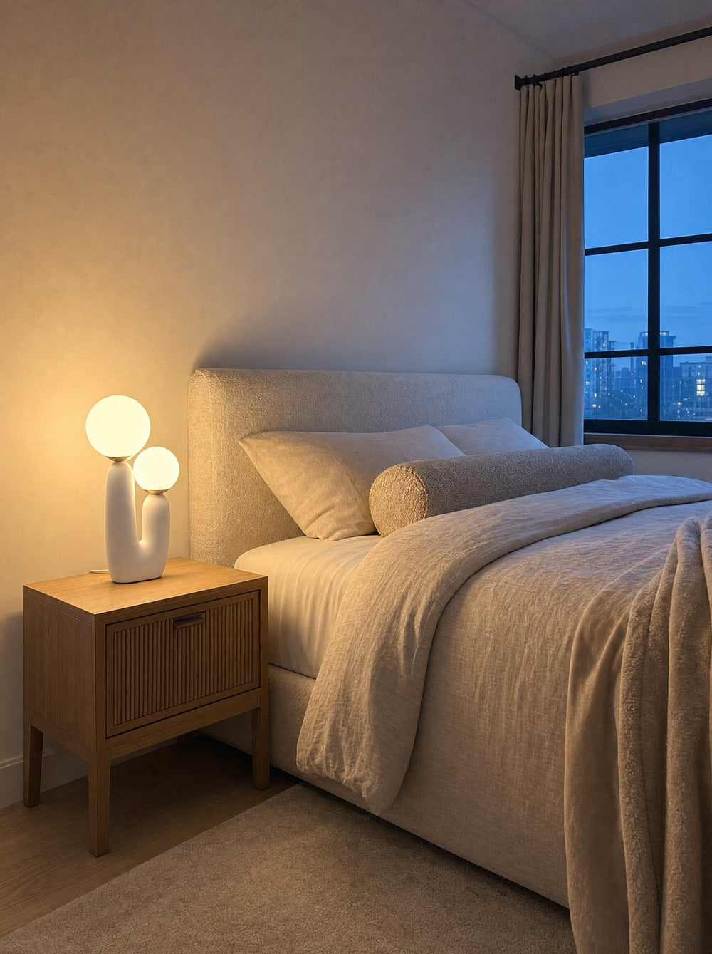 Duo Globe Sculptural Nightstand Lamp, at dusk