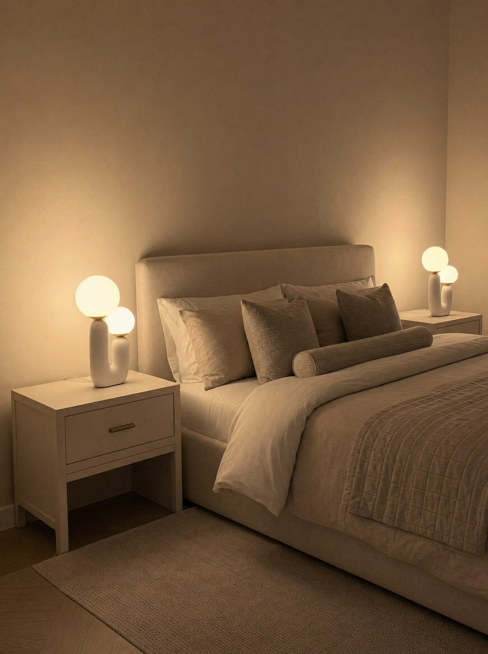 Duo Globe Sculptural Nightstand Lamp, as a pair on both nightstands