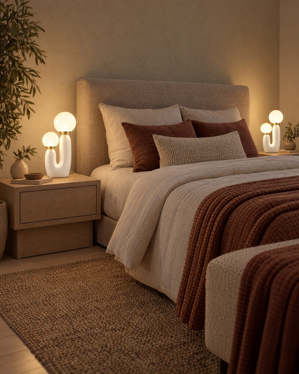 Two Duo Globe Sculptural Nightstand Lamp lamps flanking a bed at night
