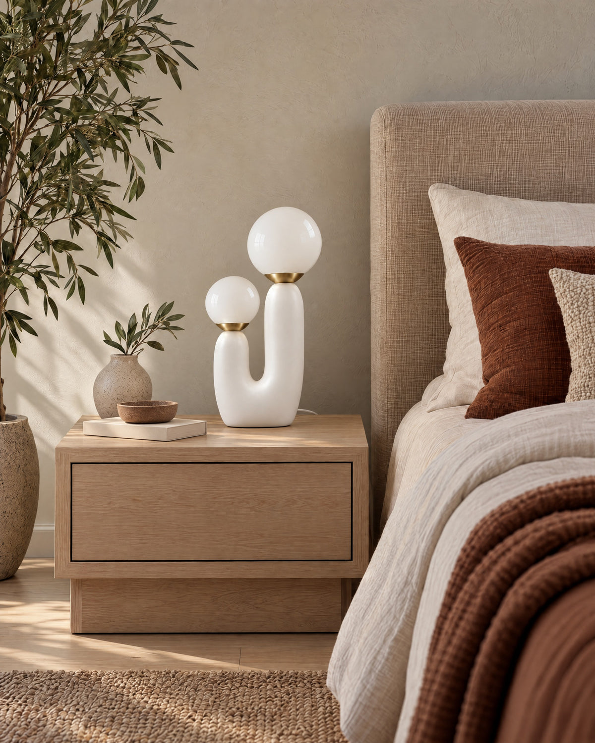 White: Duo Globe Sculptural Nightstand Lamp switched off in soft morning daylight