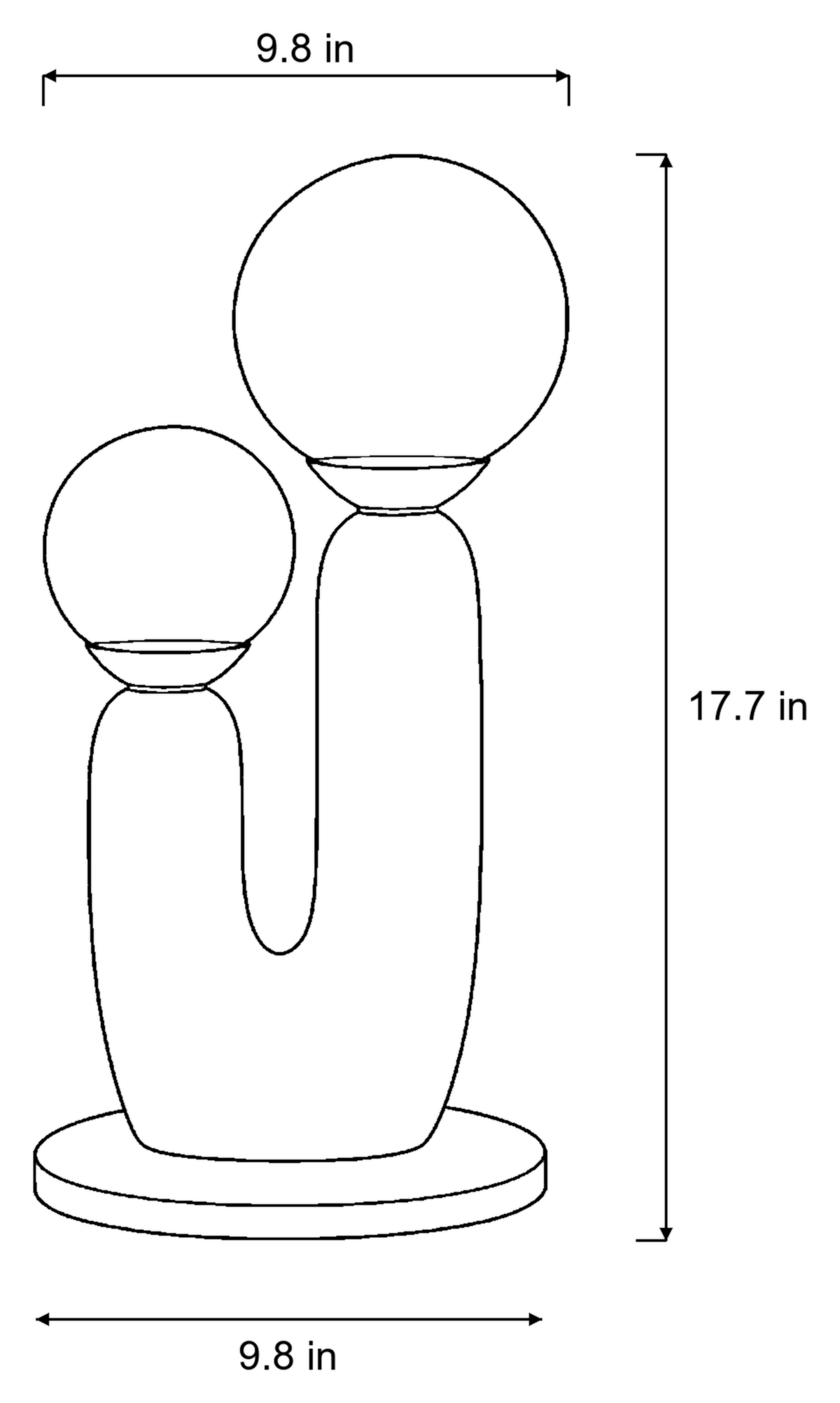 Dimensions sketch of the Duo Globe Sculptural Nightstand Lamp with measurements