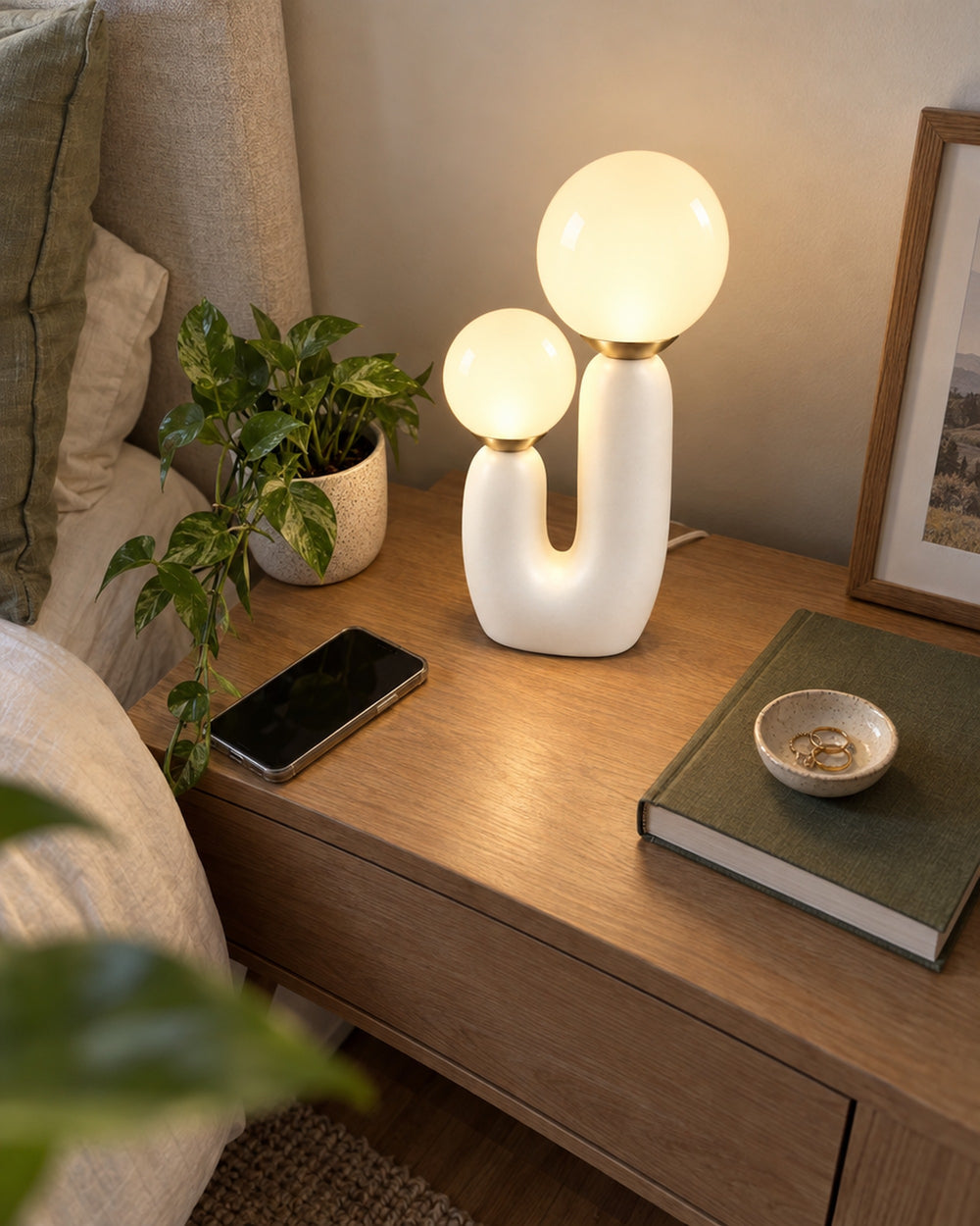 Duo Globe Sculptural Nightstand Lamp in a real home