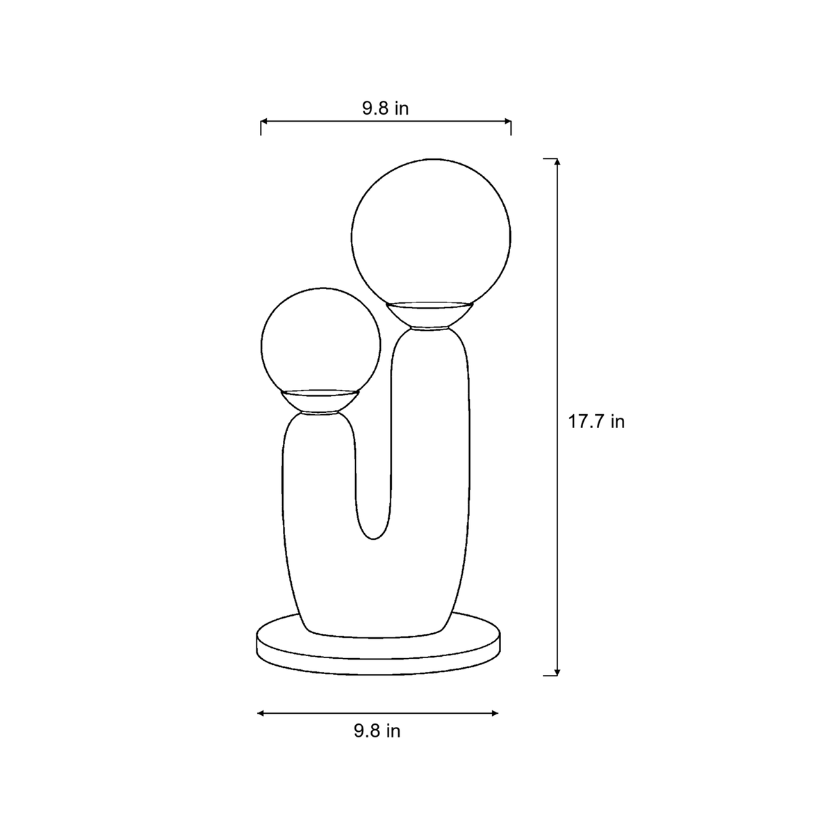 Dimensions sketch of the Duo Globe Sculptural Nightstand Lamp with measurements