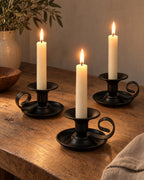 Tazza Iron Teacup Candle Holder, three styled together with lit candles