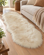 Cream: Faux Sheepskin Rug, Cream, 2.8 in Fluffy Pile styled in a warm living room