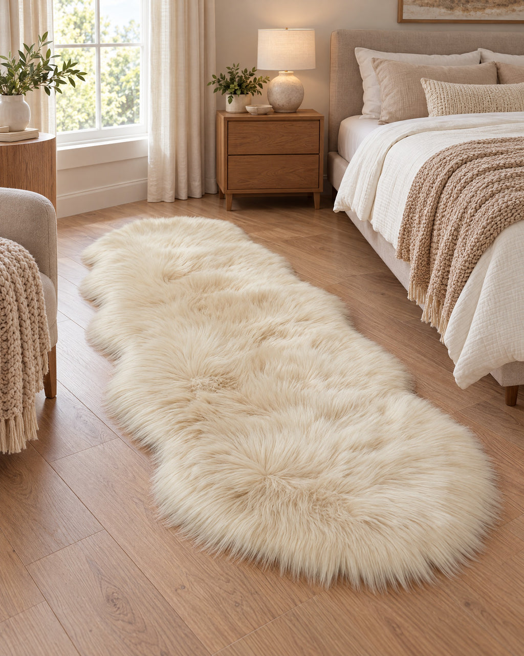 Cream: Faux Sheepskin Rug, Cream, 2.8 in Fluffy Pile shown in proportion to the furniture around it