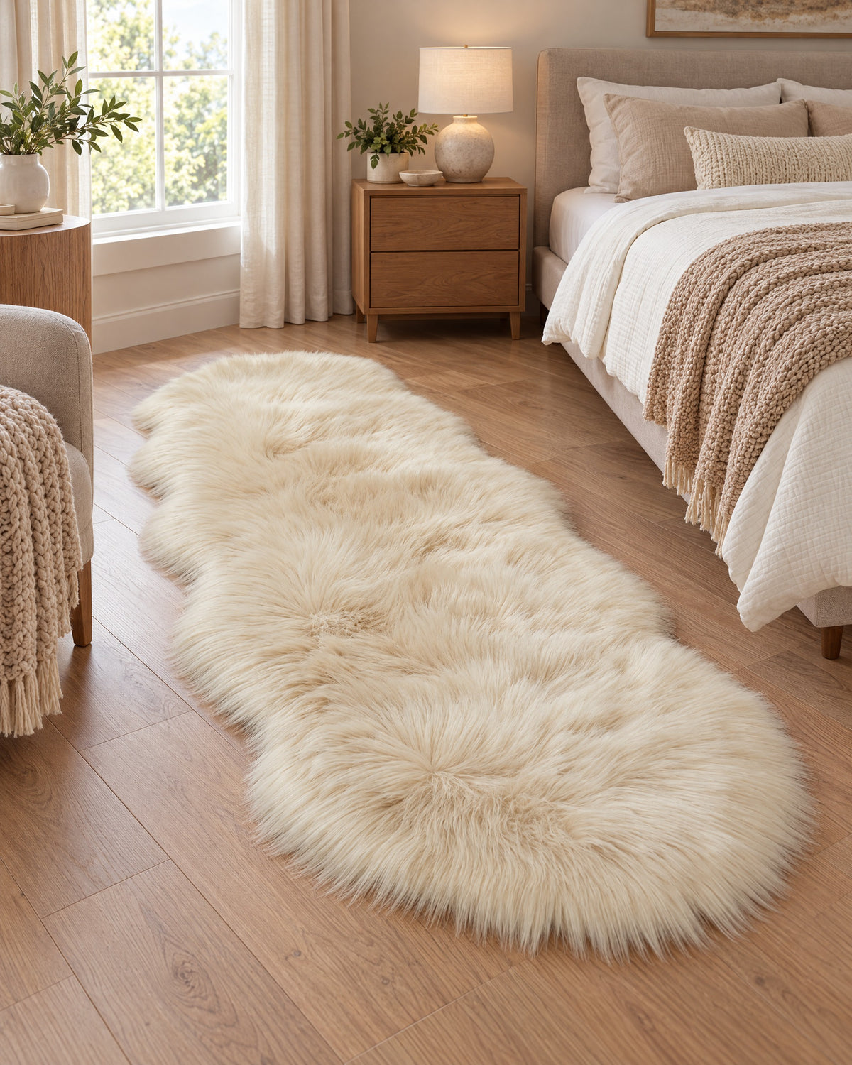 Cream: Faux Sheepskin Rug, Cream, 2.8 in Fluffy Pile shown in proportion to the furniture around it